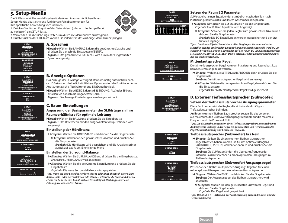 Setup-menüs, A. sprachen, B. anzeige-optionen | C. raum-einstellungen, D. externer tiefbasslautsprecher (subwoofer), Einstellung der hördistanz, Einstellen der surround-balance, Setzen der raum eq parameter, Mittenlautsprecher pegel, Setzen der tiefbasslautsprecher ausgangsparameter | Soundmatters SLIMstage Manual User Manual | Page 23 / 56