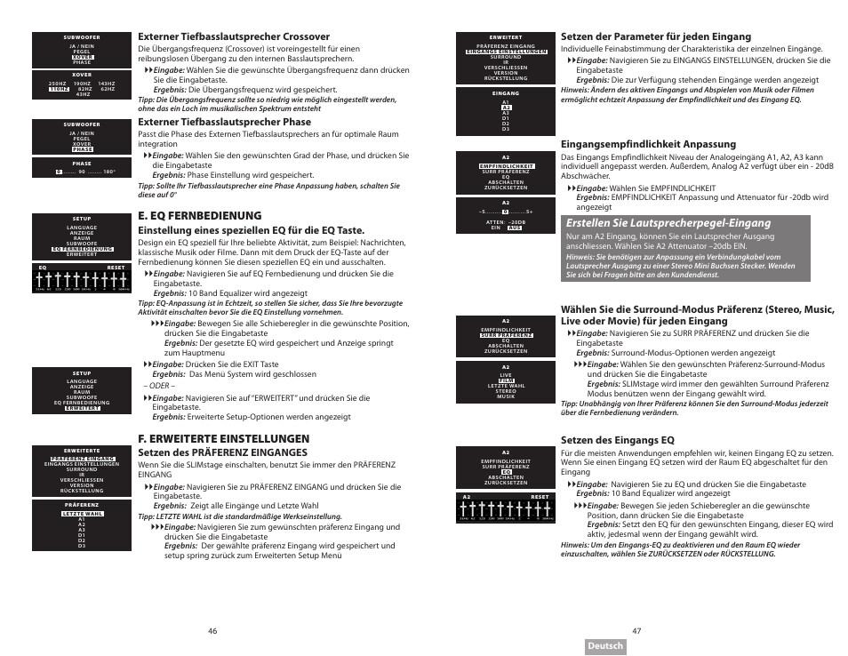 E. eq fernbedienung, F. erweiterte einstellungen, Erstellen sie lautsprecherpegel-eingang | Externer tiefbasslautsprecher crossover, Externer tiefbasslautsprecher phase, Einstellung eines speziellen eq für die eq taste, Setzen des präferenz einganges, Setzen der parameter für jeden eingang, Eingangsempfindlichkeit anpassung, Setzen des eingangs eq | Soundmatters SLIMstage Manual User Manual | Page 24 / 56