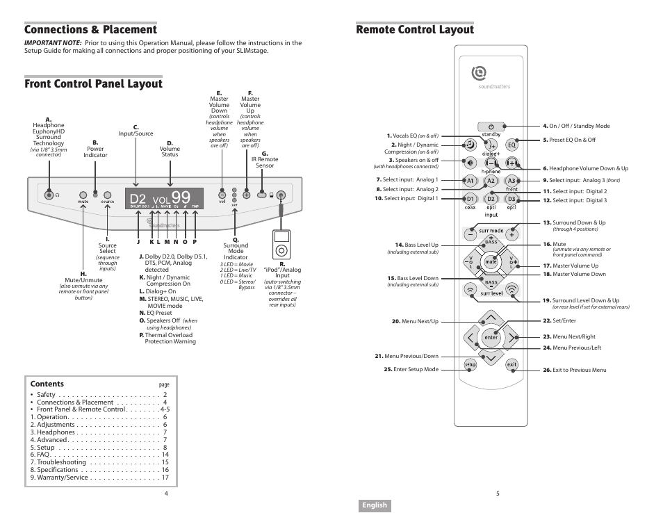 Connections & placement, Front control panel layout remote control layout | Soundmatters SLIMstage Manual User Manual | Page 3 / 56
