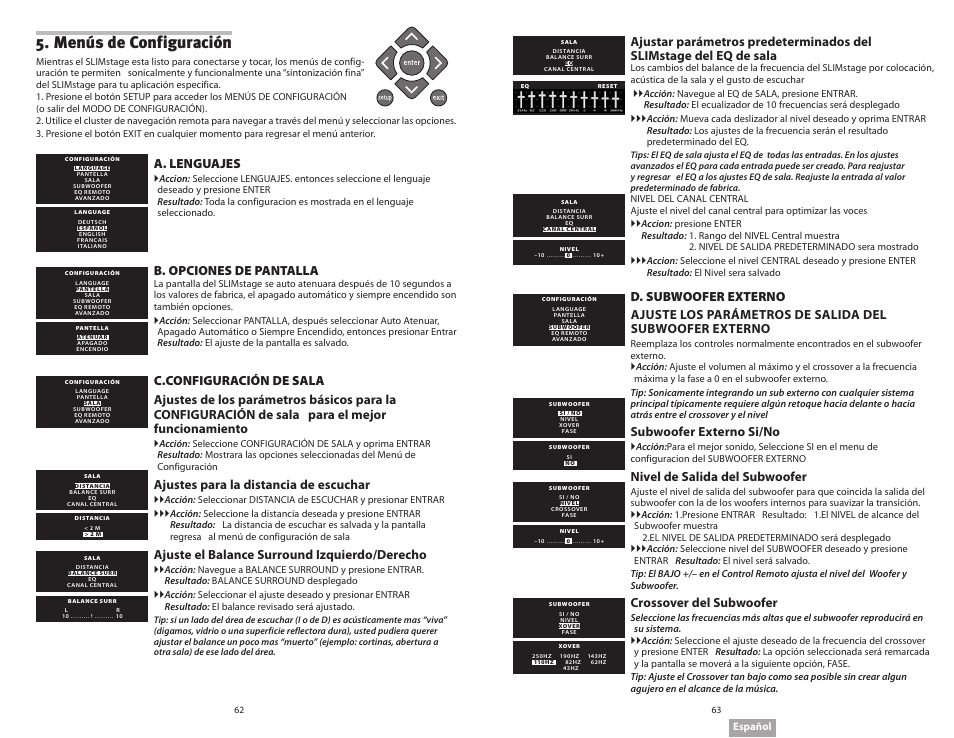 Menús de configuración, A. lenguajes, B. opciones de pantalla | Ajustes para la distancia de escuchar, Ajuste el balance surround izquierdo/derecho, Subwoofer externo si/no, Nivel de salida del subwoofer, Crossover del subwoofer | Soundmatters SLIMstage Manual User Manual | Page 32 / 56