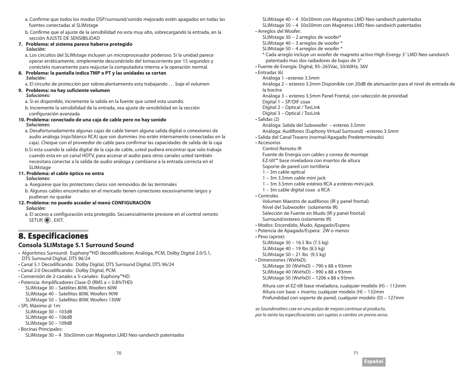 Especificaciones | Soundmatters SLIMstage Manual User Manual | Page 36 / 56