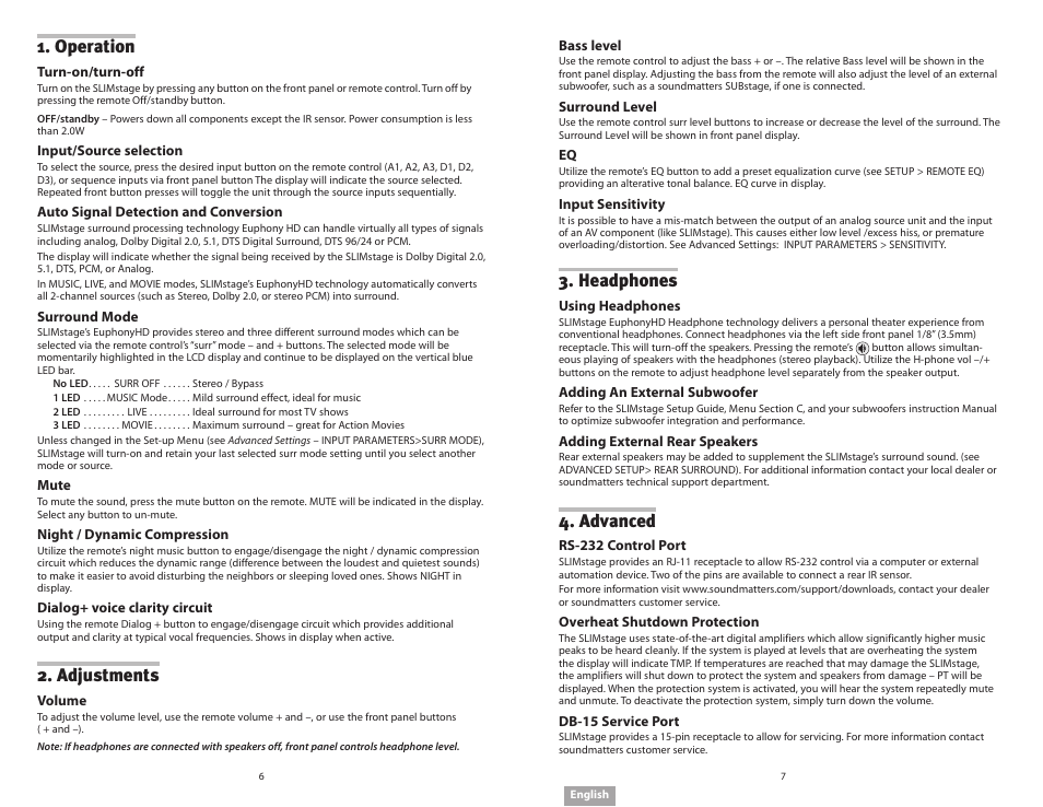Headphones, Advanced, Operation | Adjustments | Soundmatters SLIMstage Manual User Manual | Page 4 / 56