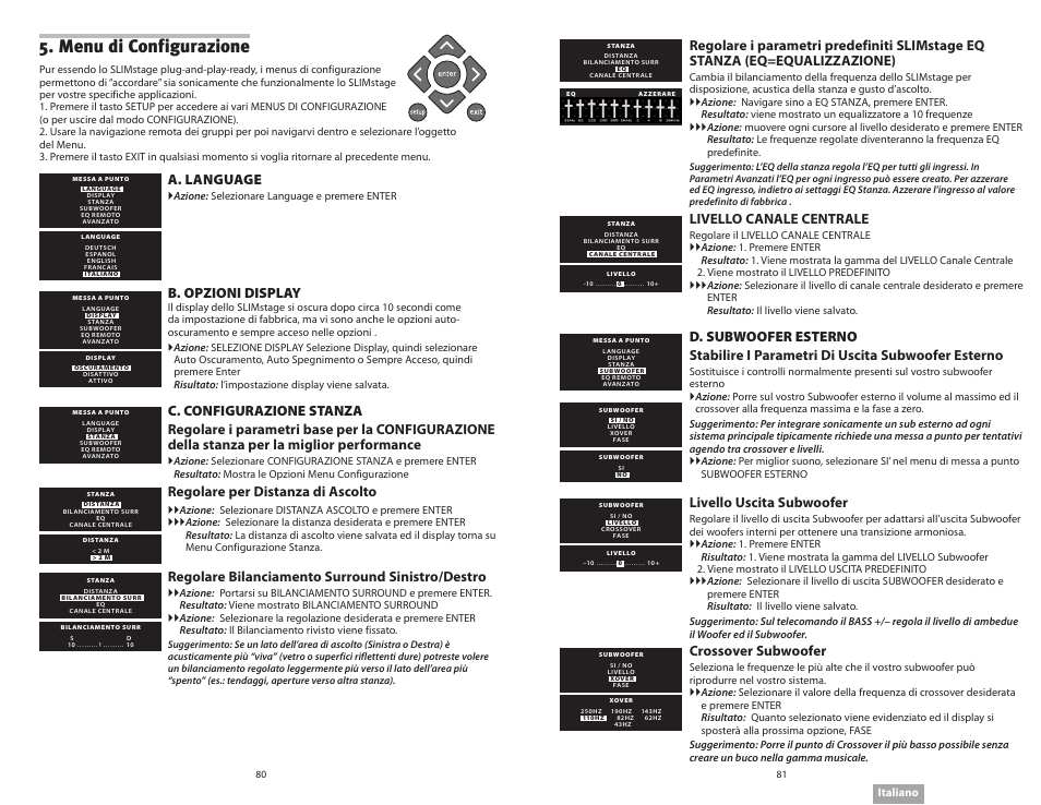 Menu di configurazione, A. language, B. opzioni display | Regolare per distanza di ascolto, Regolare bilanciamento surround sinistro/destro, Livello canale centrale, Livello uscita subwoofer, Crossover subwoofer | Soundmatters SLIMstage Manual User Manual | Page 41 / 56