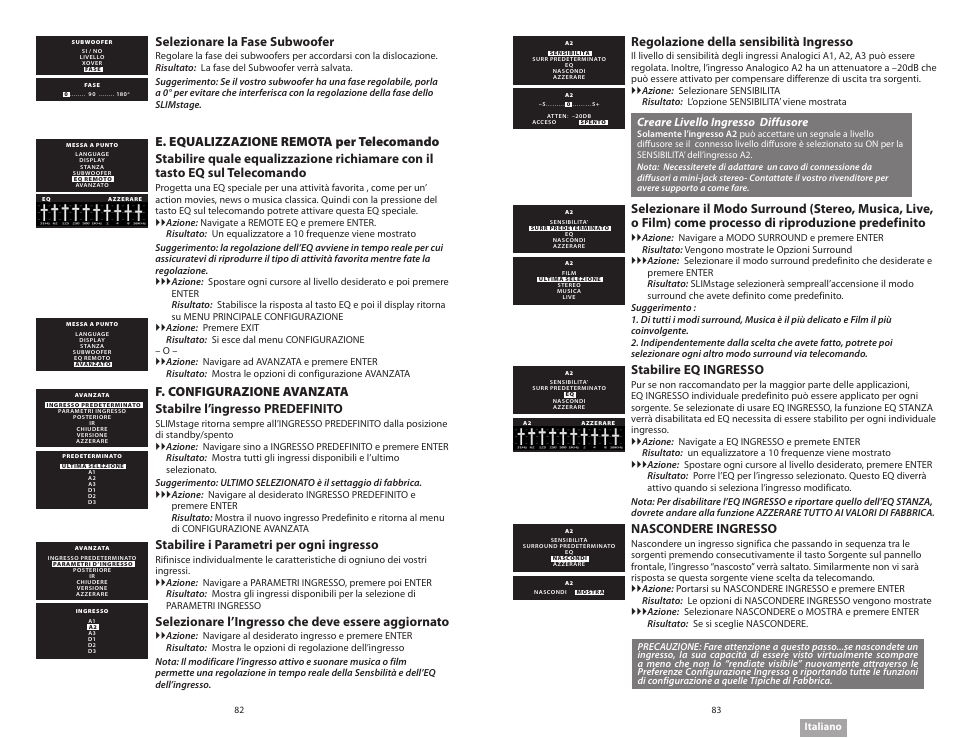 Selezionare la fase subwoofer, Stabilire i parametri per ogni ingresso, Selezionare l’ingresso che deve essere aggiornato | Regolazione della sensibilità ingresso, Stabilire eq ingresso, Nascondere ingresso, Creare livello ingresso diffusore | Soundmatters SLIMstage Manual User Manual | Page 42 / 56