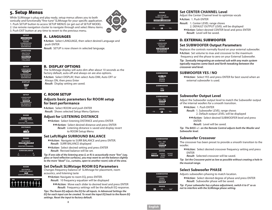 Setup menus, A. languages, B. display options | Adjust for listening distance, Set left/right surround balance, Set default slimstage room eq parameters, Set center channel level, Subwoofer yes / no, Subwoofer output level, Subwoofer crossover | Soundmatters SLIMstage Manual User Manual | Page 5 / 56