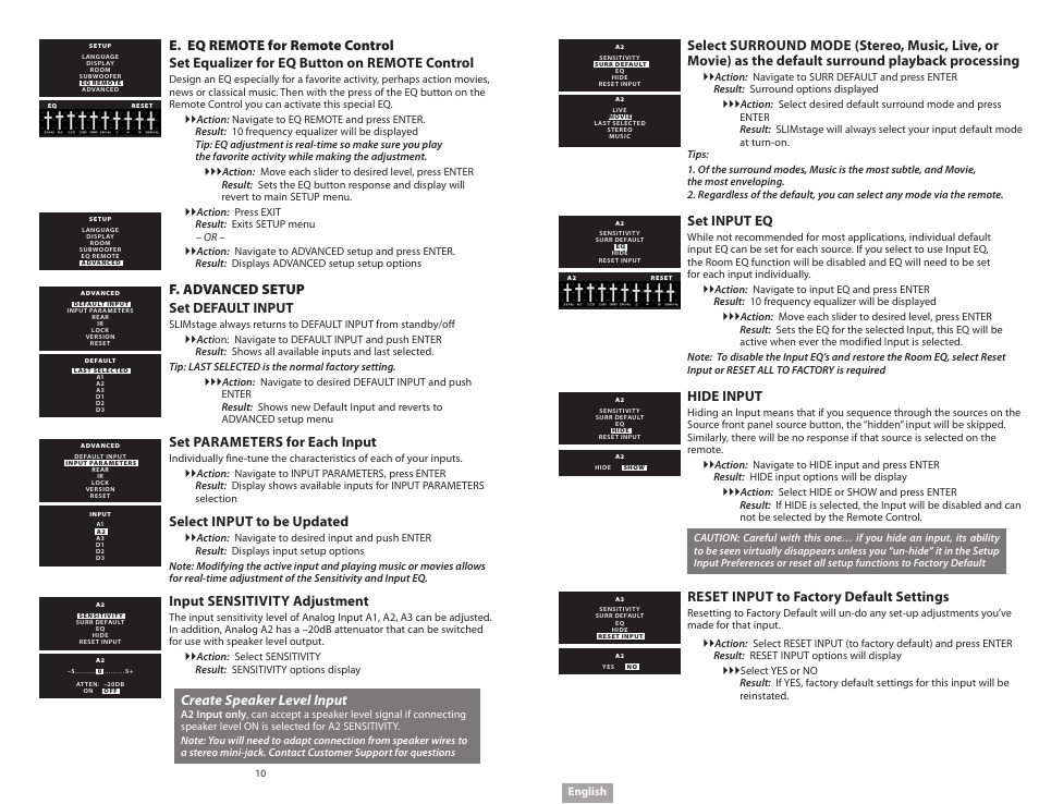 F. advanced setup set default input, Set parameters for each input, Select input to be updated | Input sensitivity adjustment, Set input eq, Hide input, Reset input to factory default settings, Create speaker level input | Soundmatters SLIMstage Manual User Manual | Page 6 / 56
