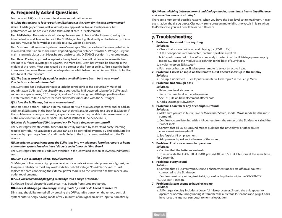 Frequently asked questions, Troubleshooting | Soundmatters SLIMstage Manual User Manual | Page 8 / 56