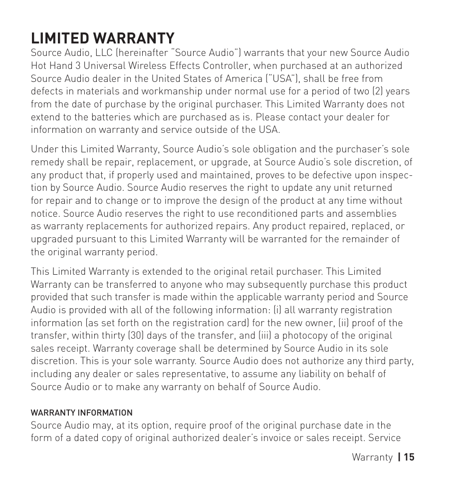 Limited warranty | Source Audio Hot Hand 3 Universal Wireless Adapter User Manual | Page 15 / 16