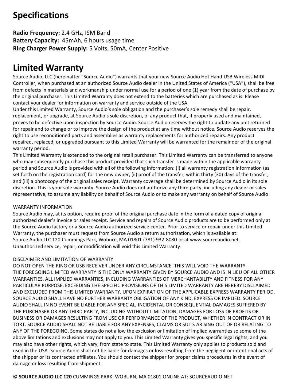 Specifications, Limited warranty | Source Audio Hot Hand USB User Manual | Page 9 / 9