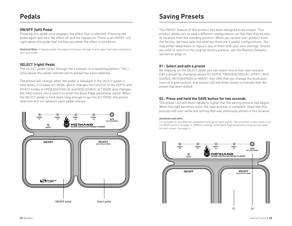 Pedals, Saving presets, On/off (left) pedal | Select (right) pedal, 01 : select and edit a preset | Source Audio Hot Hand Phaser/Flanger User Manual | Page 12 / 19
