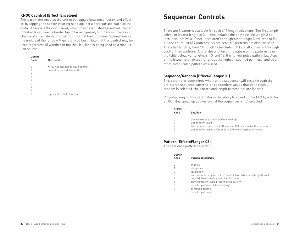 Sequencer controls, Knock control (effect=envelope), Sequence/random (effect=flanger 01) | Pattern (effect=flanger 03) | Source Audio Hot Hand Phaser/Flanger User Manual | Page 16 / 19