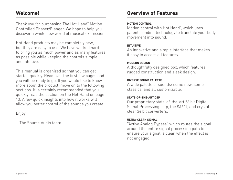 Overview of features, Welcome | Source Audio Hot Hand Phaser/Flanger User Manual | Page 3 / 19