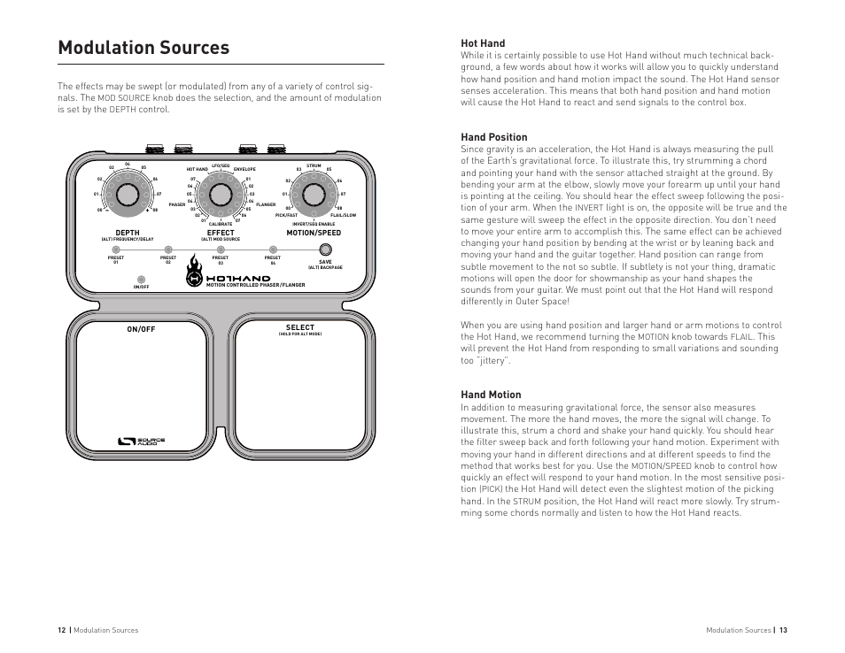 Modulation sources, Hot hand, Hand position | Hand motion, Control, Knob towards | Source Audio Hot Hand Phaser/Flanger User Manual | Page 7 / 19