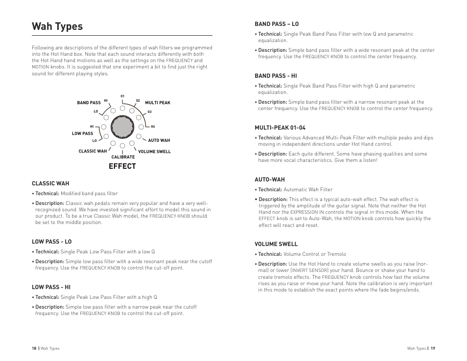 Wah types, Effect | Source Audio Hot Hand Wah User Manual | Page 10 / 13