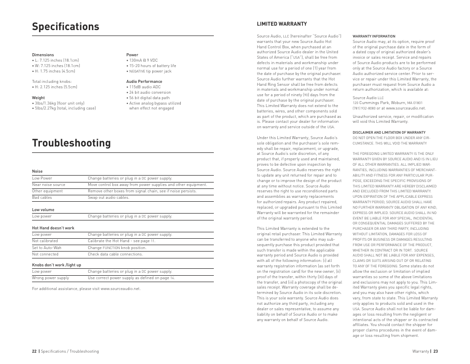 Troubleshooting, Speciﬁcations | Source Audio Hot Hand Wah User Manual | Page 12 / 13