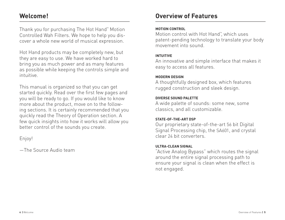 Overview of features, Welcome | Source Audio Hot Hand Wah User Manual | Page 3 / 13
