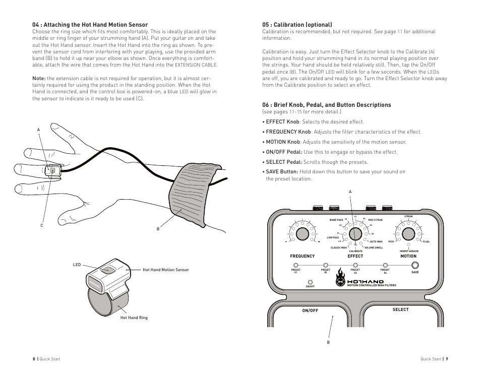 05 : calibration (optional), 06 : brief knob, pedal, and button descriptions, 04 : attaching the hot hand motion sensor | Source Audio Hot Hand Wah User Manual | Page 5 / 13