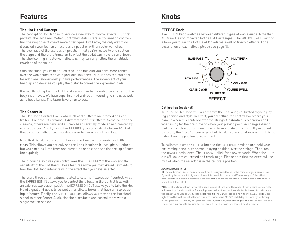 Knobs, Features, Effect | Source Audio Hot Hand Wah User Manual | Page 6 / 13