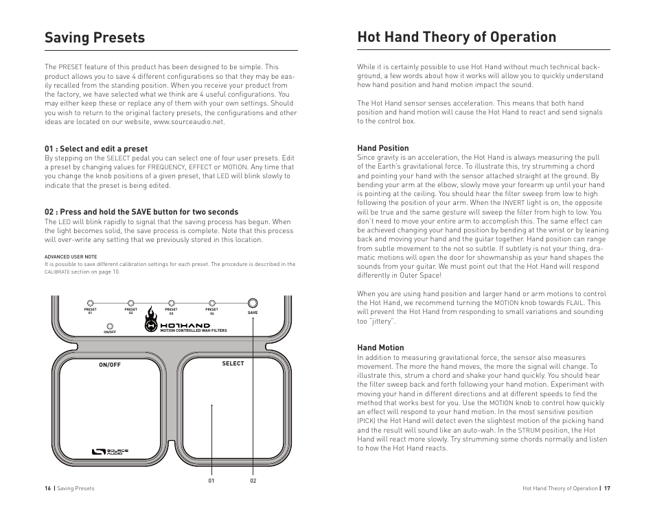 Hot hand theory of operation, Saving presets, Hand position | Hand motion, 01 : select and edit a preset | Source Audio Hot Hand Wah User Manual | Page 9 / 13