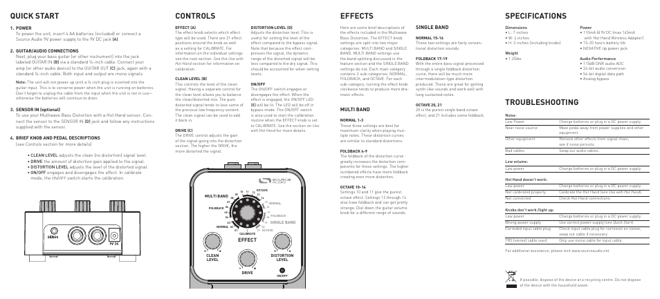 Source Audio Soundblox Multiwave Bass Distortion User Manual | 2 pages