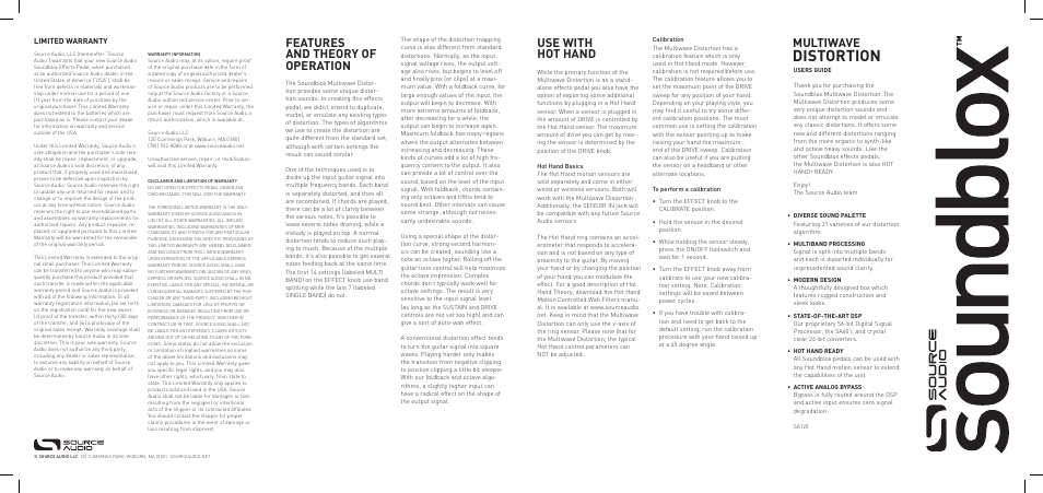 Distortion, Multiwave, Features and theory of operation | Use with hot hand | Source Audio Soundblox Multiwave Distortion User Manual | Page 2 / 2
