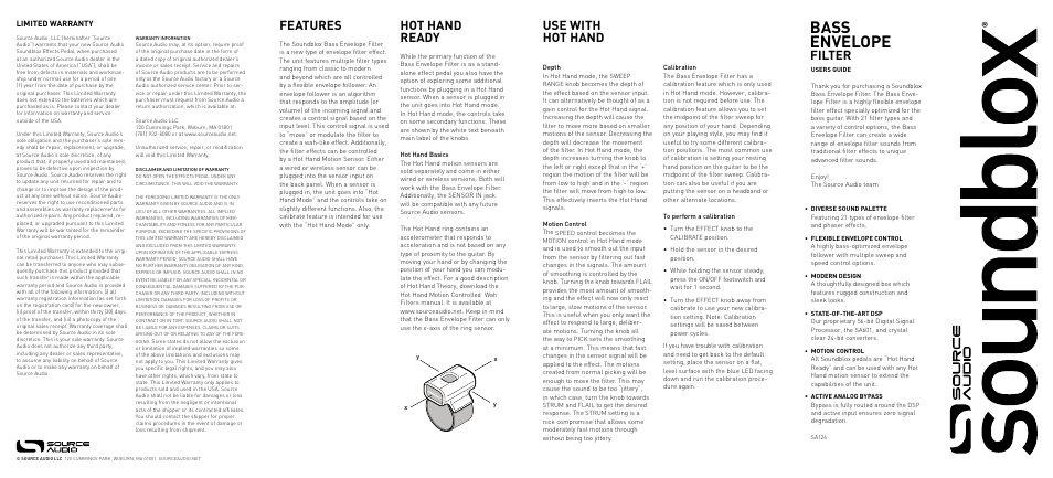 Bass envelope, Filter, Features | Hot hand ready, Use with hot hand | Source Audio Soundblox Bass Envelope Filter User Manual | Page 2 / 2