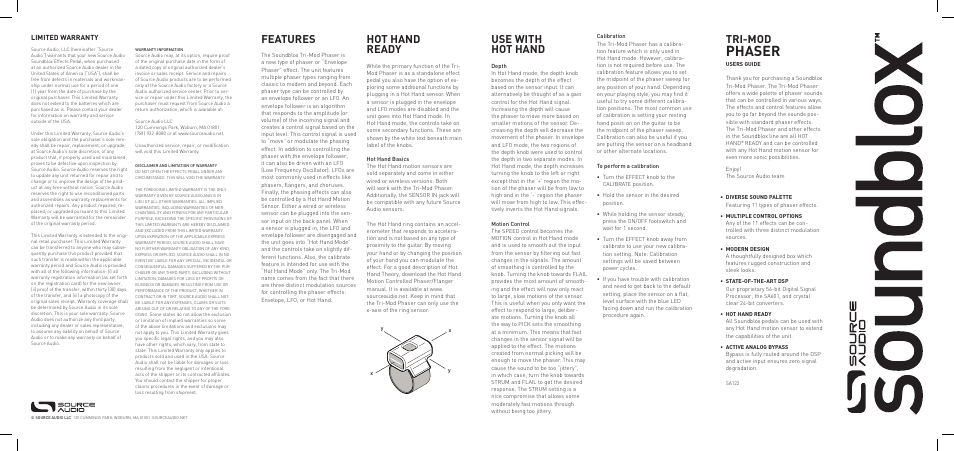 Phaser, Use with hot hand, Features | Hot hand ready, Tri-mod | Source Audio Soundblox Tri-Mod Phaser User Manual | Page 2 / 2