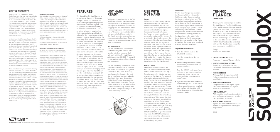 Flanger, Use with hot hand, Features | Hot hand ready, Tri-mod | Source Audio Soundblox Tri-Mod Flanger User Manual | Page 2 / 2