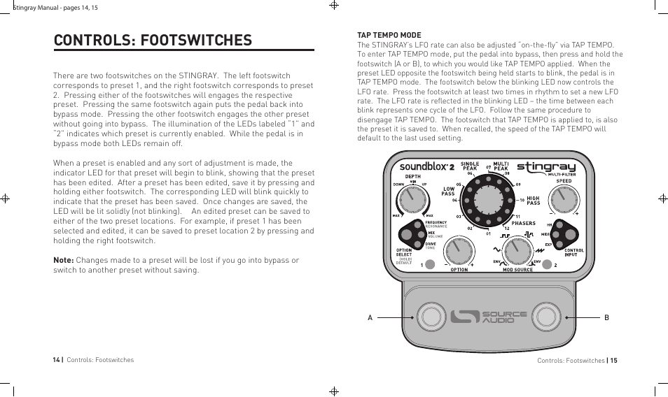 Pg 14 of 14, Controls: footswitches | Source Audio Soundblox 2 Stingray Multi-Filter User Manual | Page 14 / 28