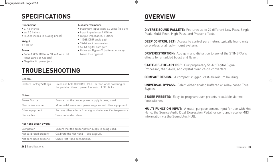 Specifications troubleshooting, Overview | Source Audio Soundblox 2 Stingray Multi-Filter User Manual | Page 26 / 28