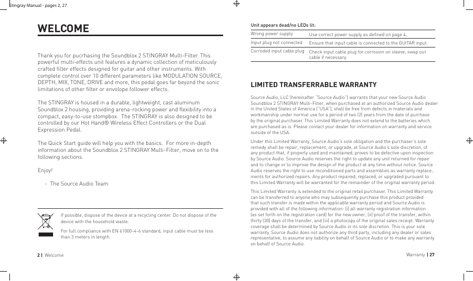 Pg 2 of 14, Welcome, Limited transferrable warranty | Source Audio Soundblox 2 Stingray Multi-Filter User Manual | Page 27 / 28