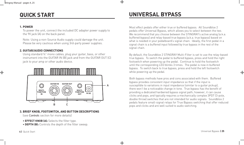 Universal bypass, Quick start | Source Audio Soundblox 2 Stingray Multi-Filter User Manual | Page 4 / 28