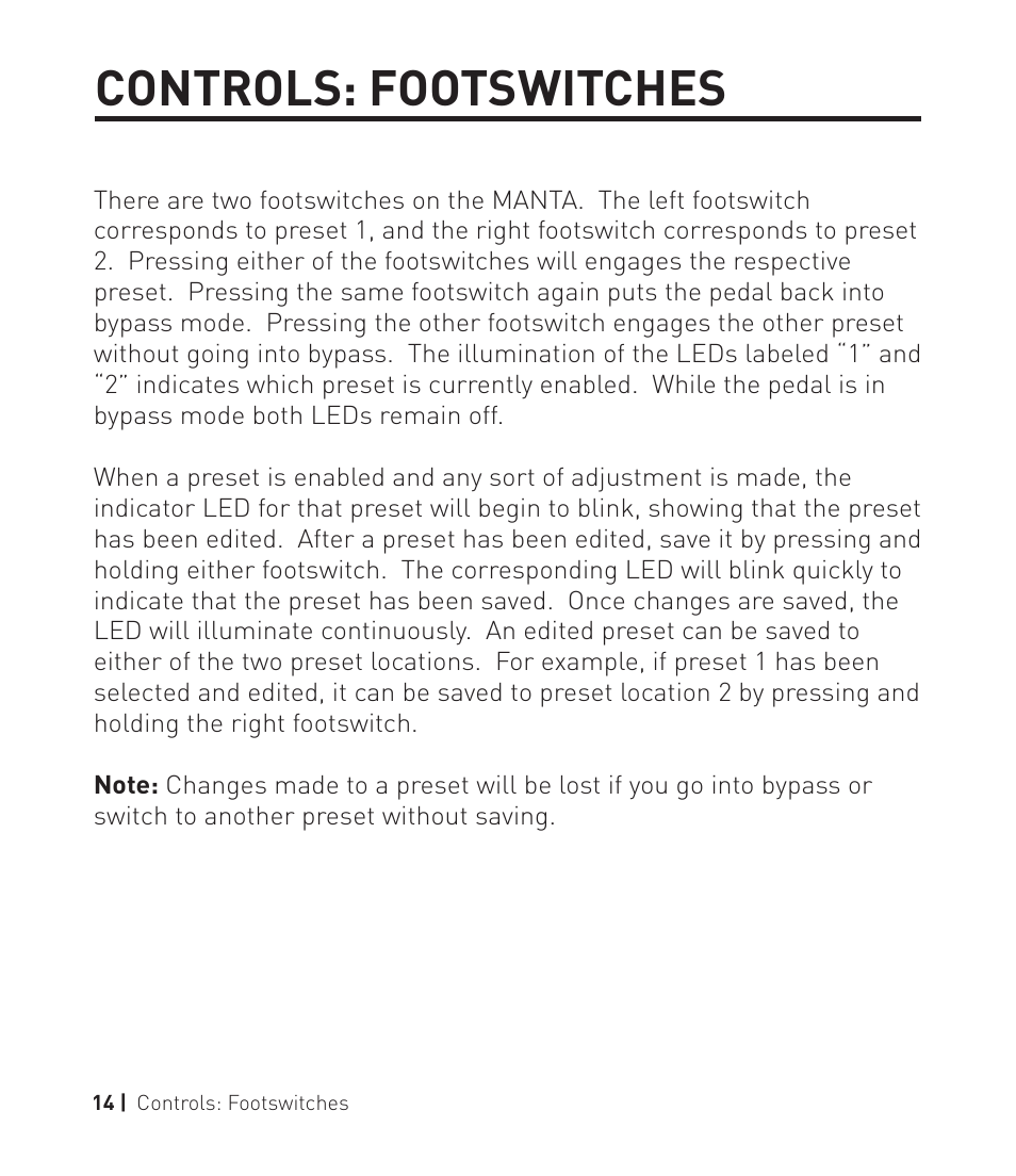 Manta pg14, Controls: footswitches | Source Audio Soundblox 2 Manta Bass Filter User Manual | Page 14 / 28