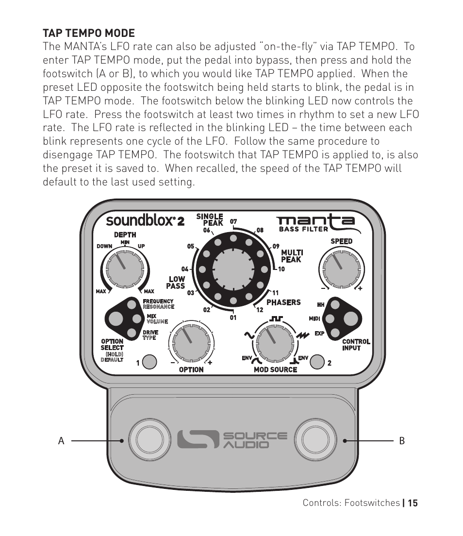 Manta pg15, Controls: footswitches | 15, O rb i tal | Source Audio Soundblox 2 Manta Bass Filter User Manual | Page 15 / 28