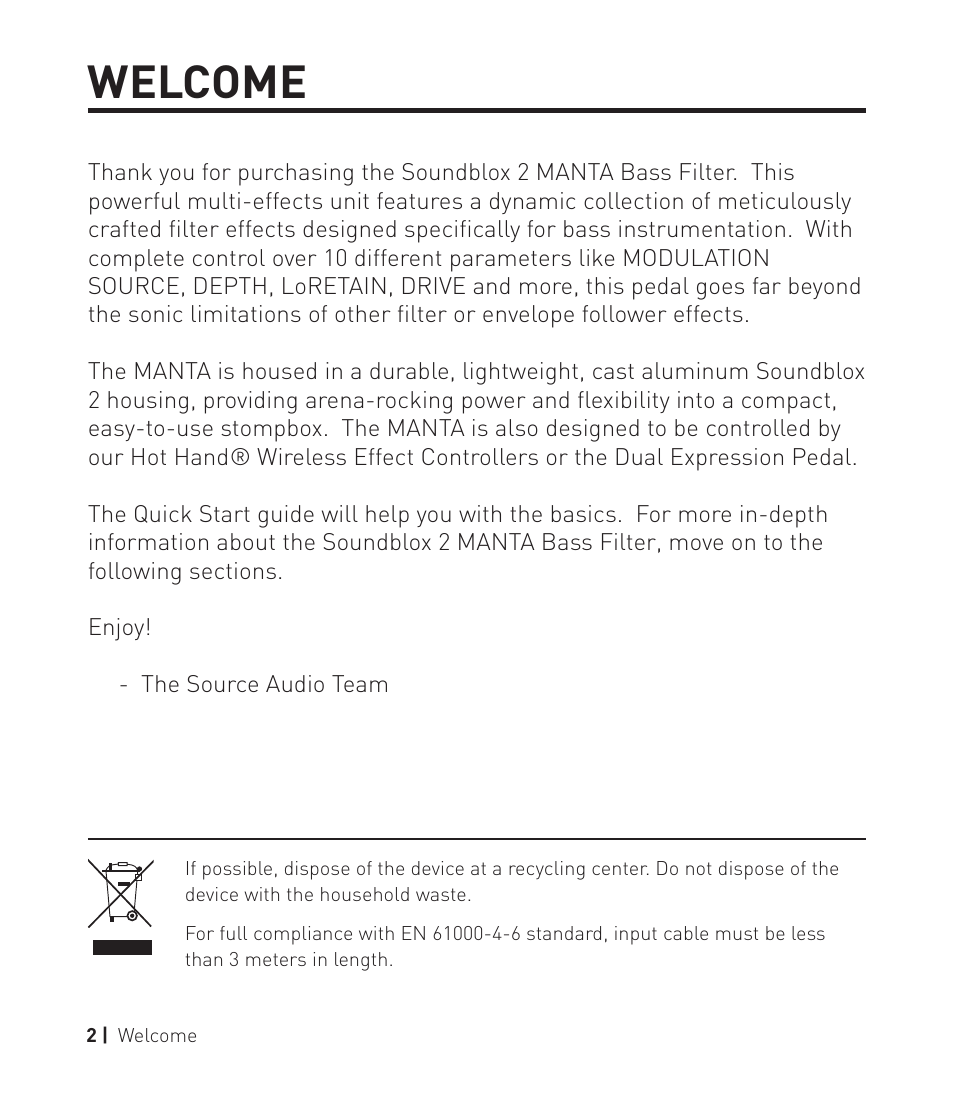 Manta pg2, Welcome | Source Audio Soundblox 2 Manta Bass Filter User Manual | Page 2 / 28