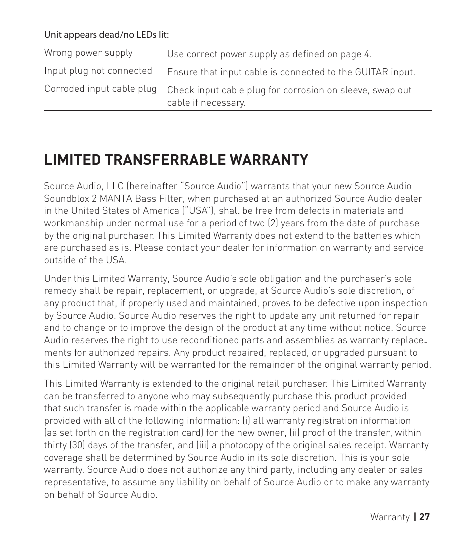 Manta pg27, Limited transferrable warranty | Source Audio Soundblox 2 Manta Bass Filter User Manual | Page 27 / 28