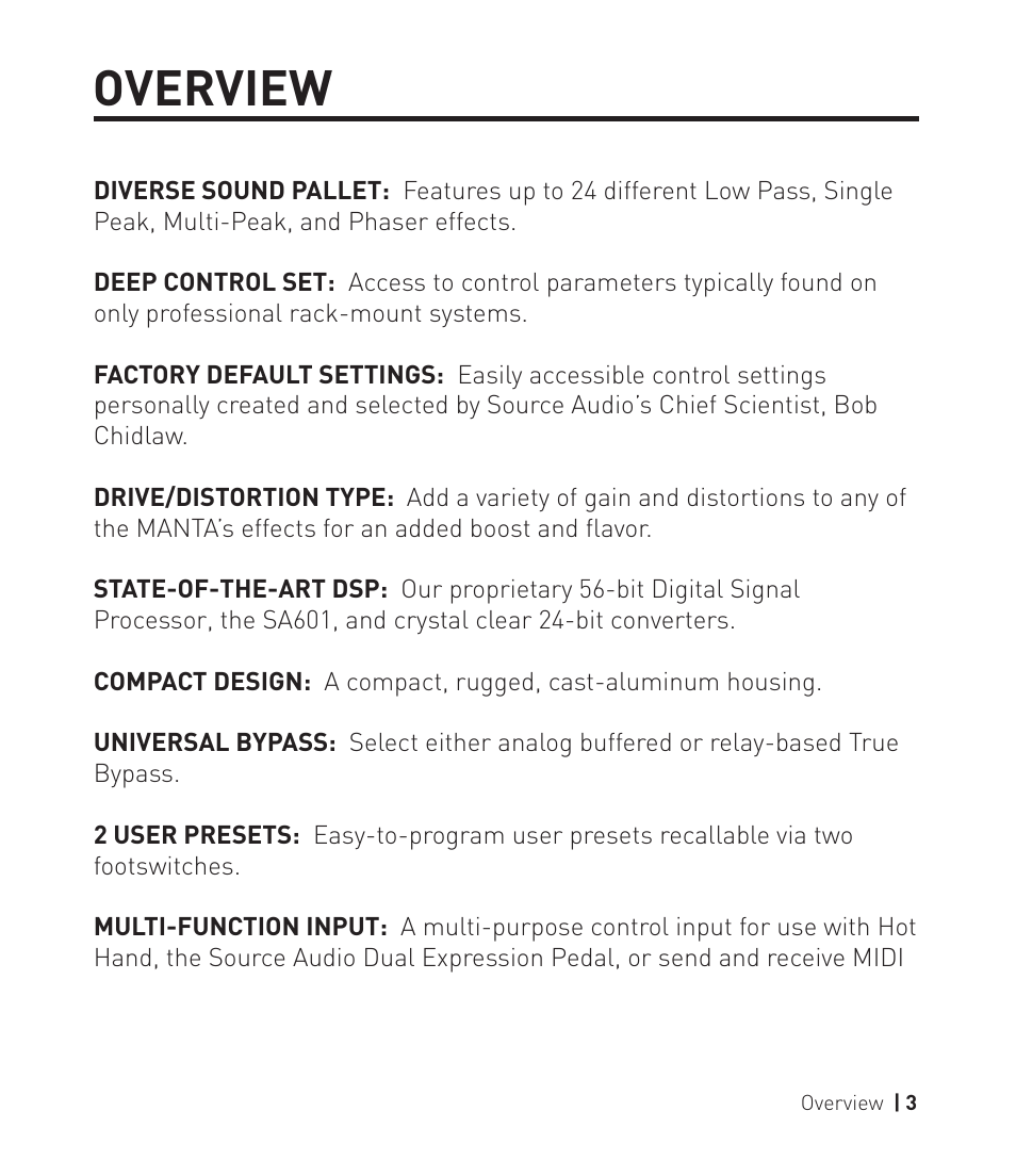 Manta pg3, Overview | Source Audio Soundblox 2 Manta Bass Filter User Manual | Page 3 / 28