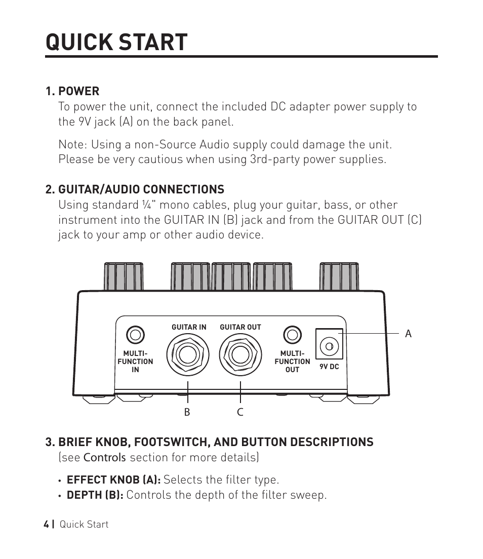 Manta pg4, Quick start | Source Audio Soundblox 2 Manta Bass Filter User Manual | Page 4 / 28