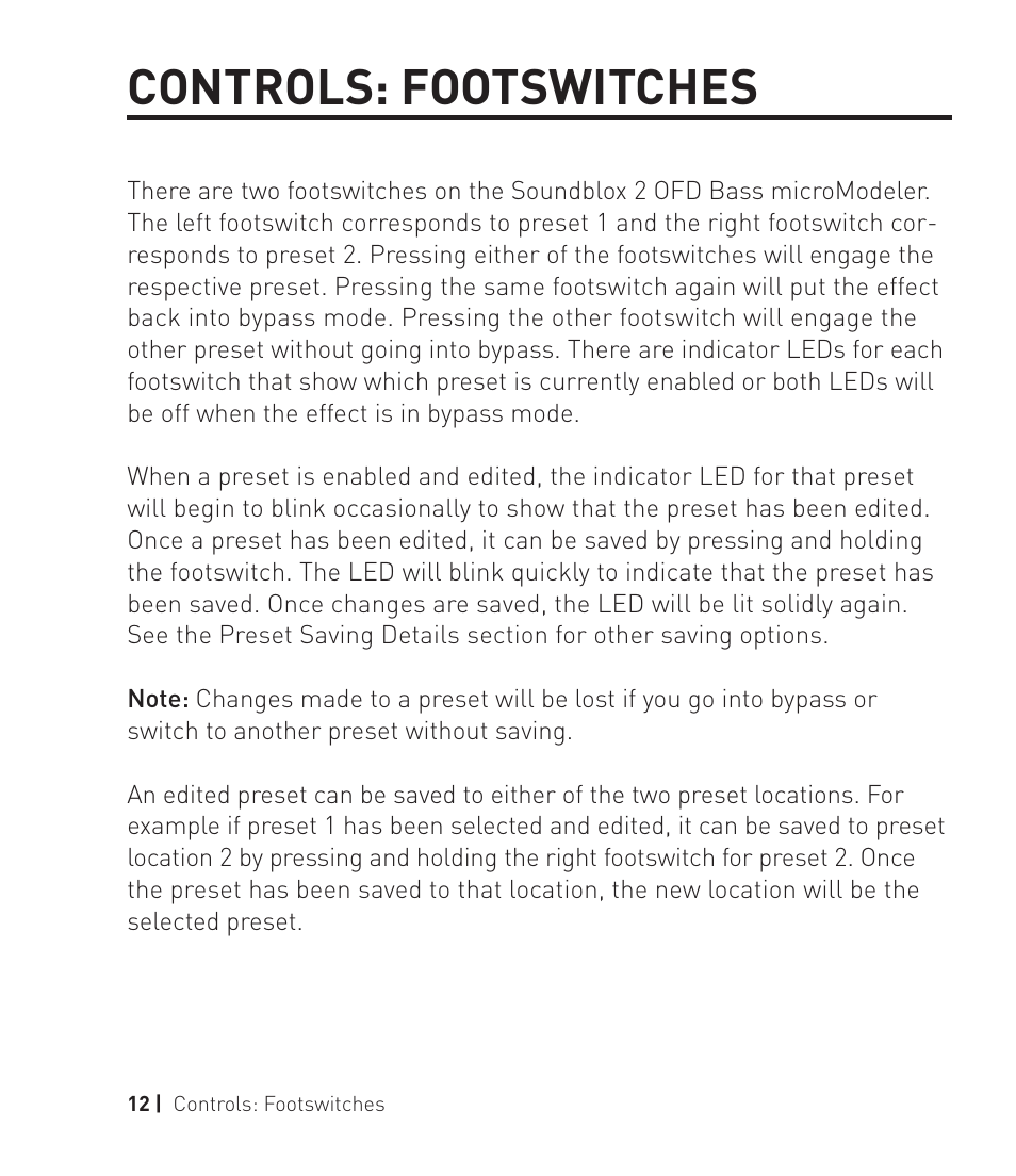 Controls: footswitches | Source Audio Soundblox 2 OFD Bass microModeler User Manual | Page 12 / 24