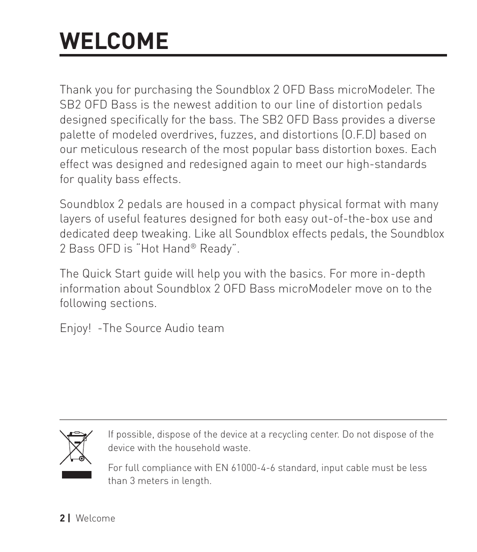 Welcome | Source Audio Soundblox 2 OFD Bass microModeler User Manual | Page 2 / 24