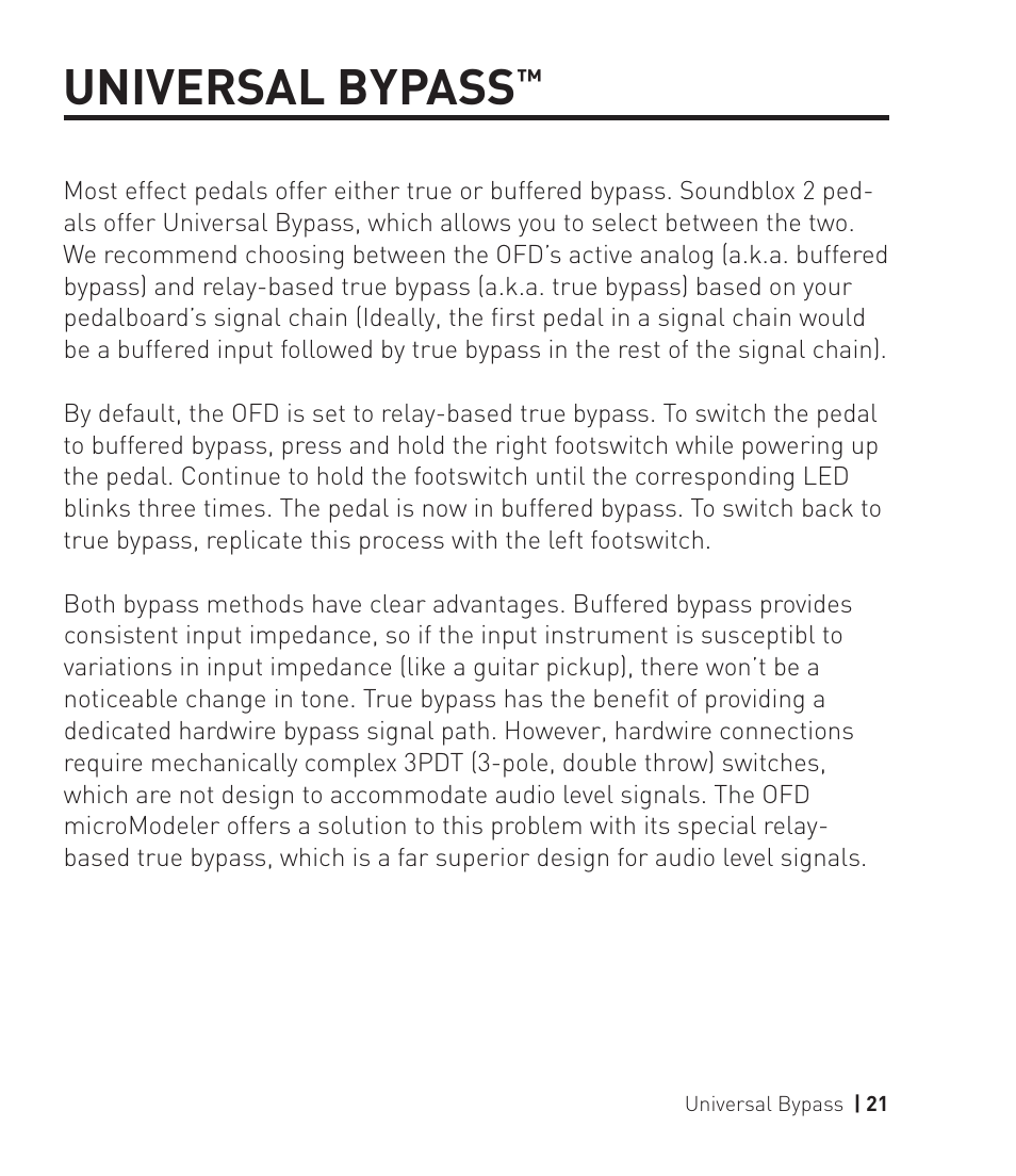 Universal bypass | Source Audio Soundblox 2 OFD Guitar microModeler User Manual | Page 21 / 24