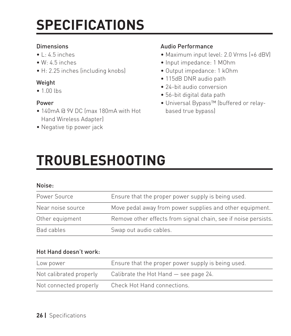 Specifications troubleshooting | Source Audio Soundlbox 2 Orbital Modulator User Manual | Page 27 / 28