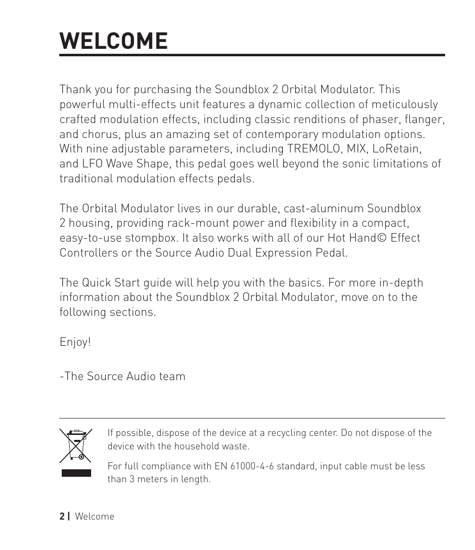 Welcome | Source Audio Soundlbox 2 Orbital Modulator User Manual | Page 3 / 28