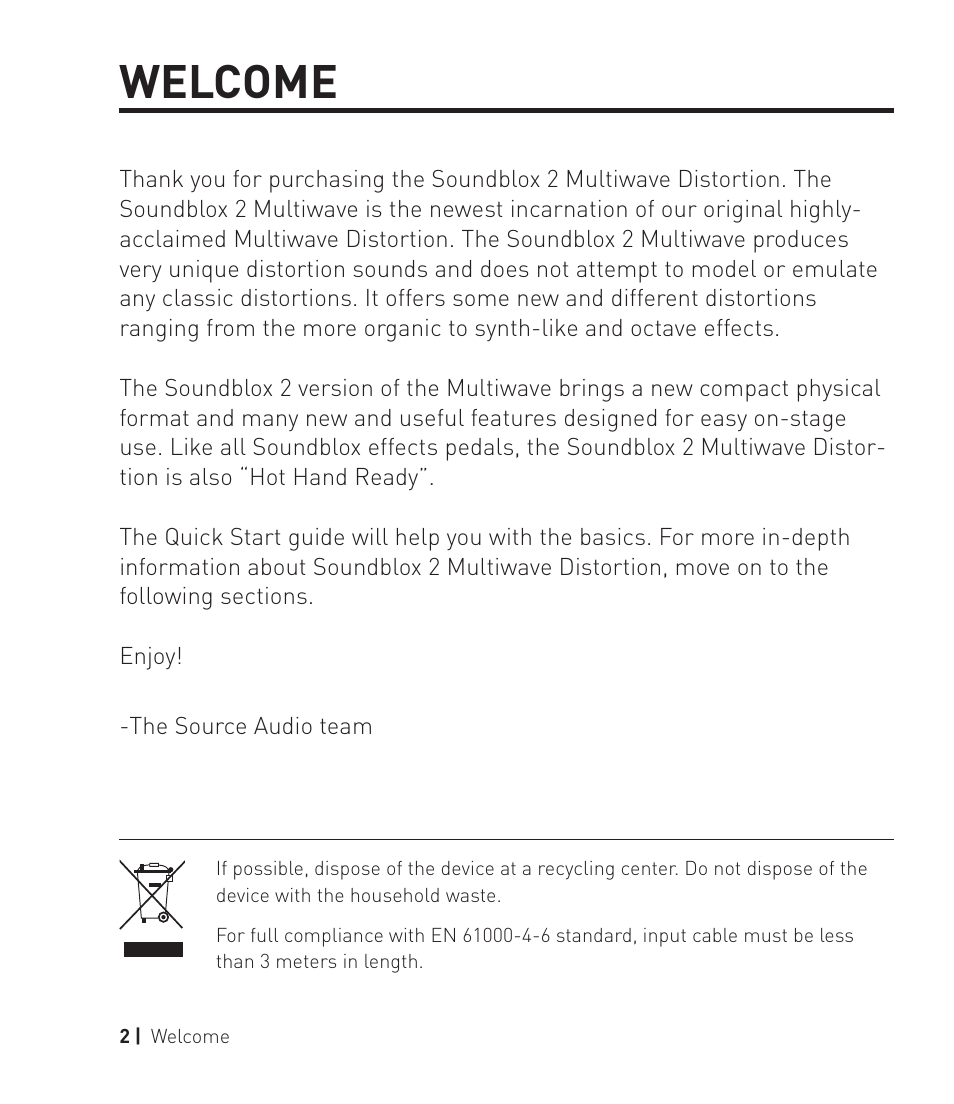 Welcome | Source Audio Soundblox 2 Multiwave Distortion User Manual | Page 2 / 24