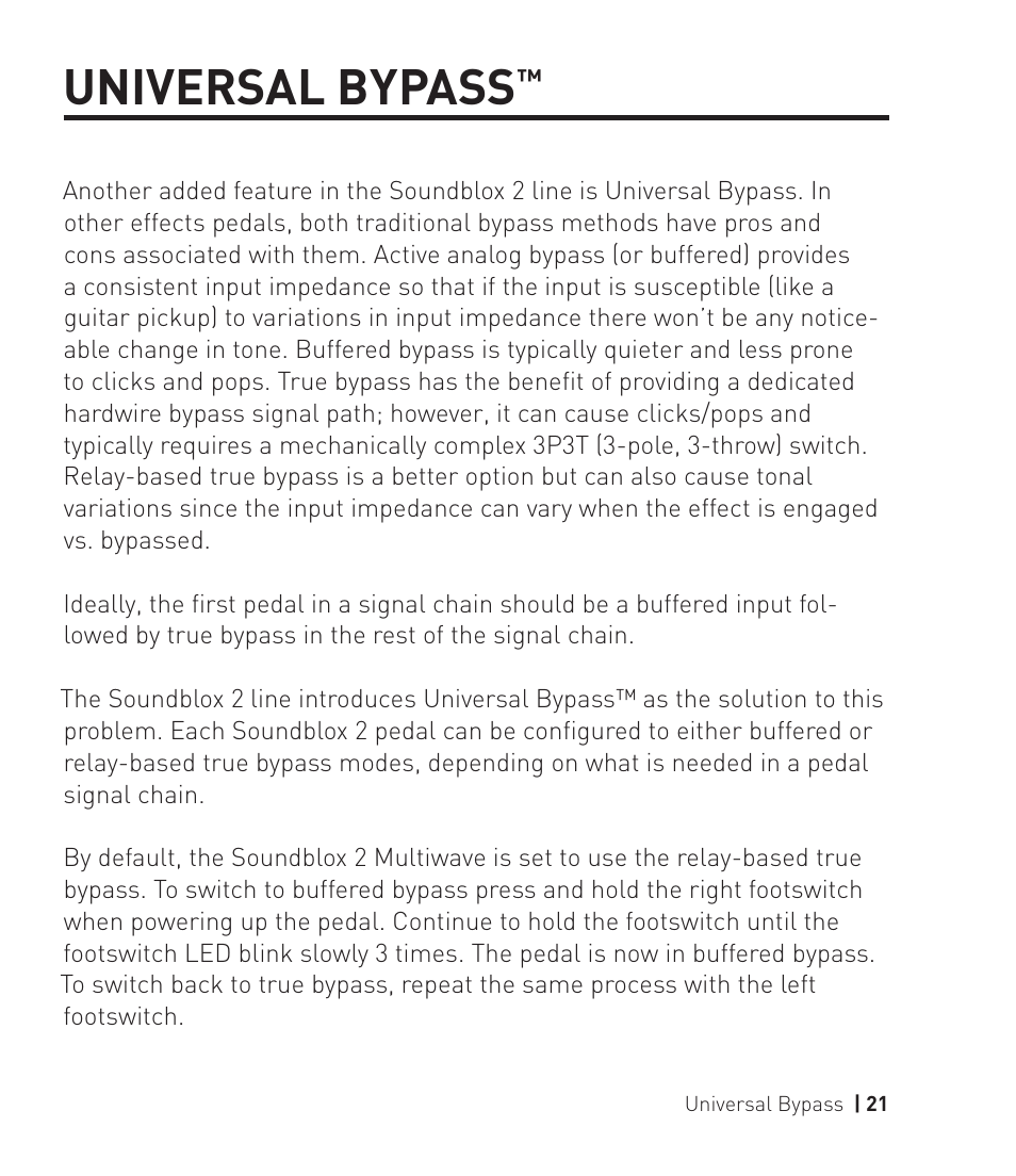 Universal bypass | Source Audio Soundblox 2 Multiwave Distortion User Manual | Page 21 / 24