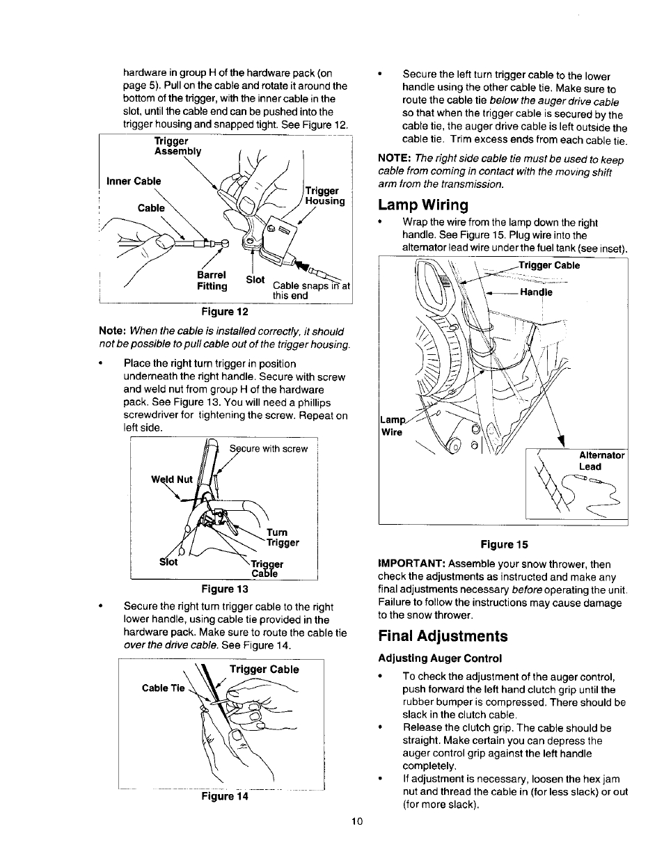 Lamp wiring, Final adjustments, Adjusting auger control | Craftsman 247.888510 User Manual | Page 10 / 40