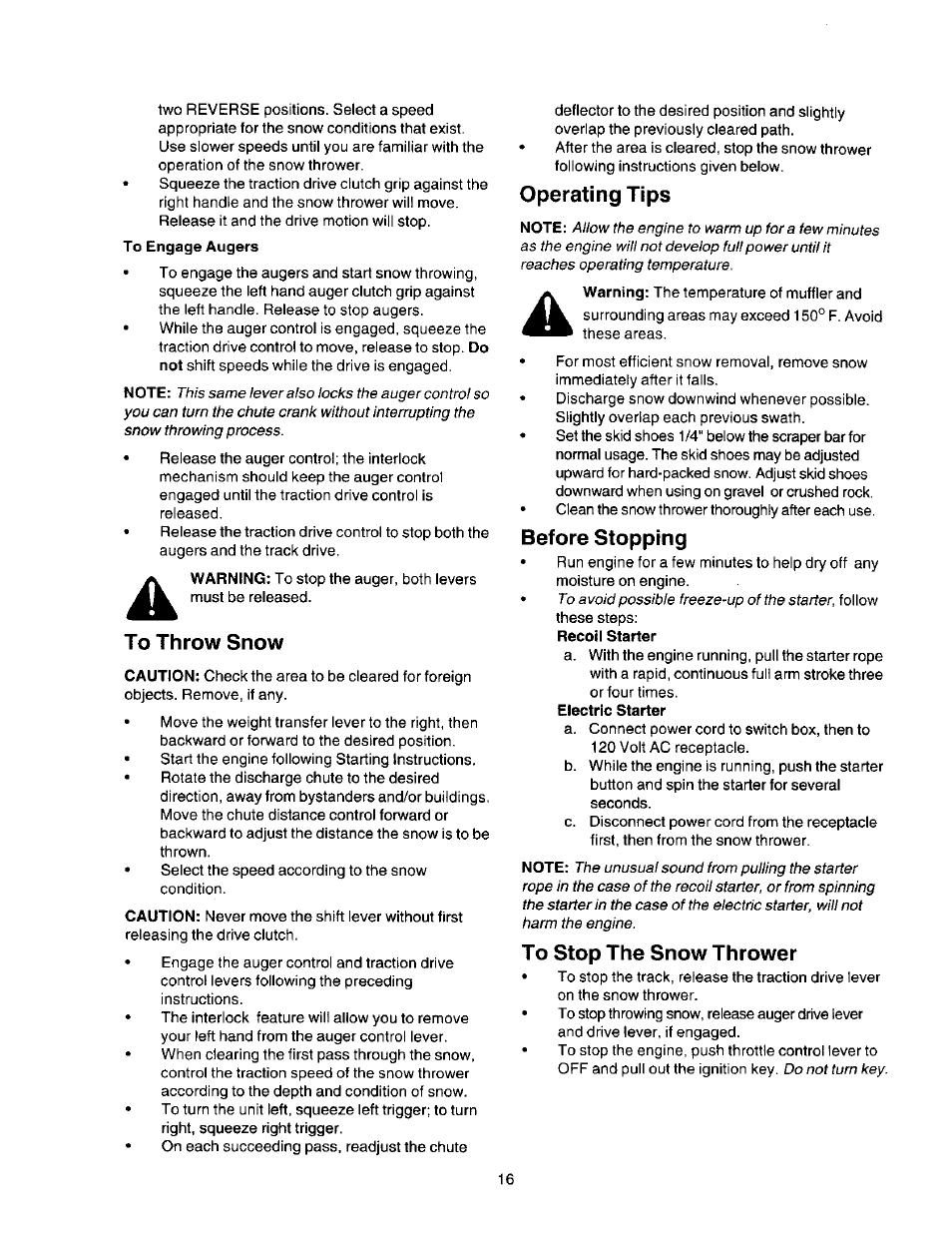 To throw snow, Operating tips, Before stopping | To stop the snow thrower | Craftsman 247.888510 User Manual | Page 16 / 40