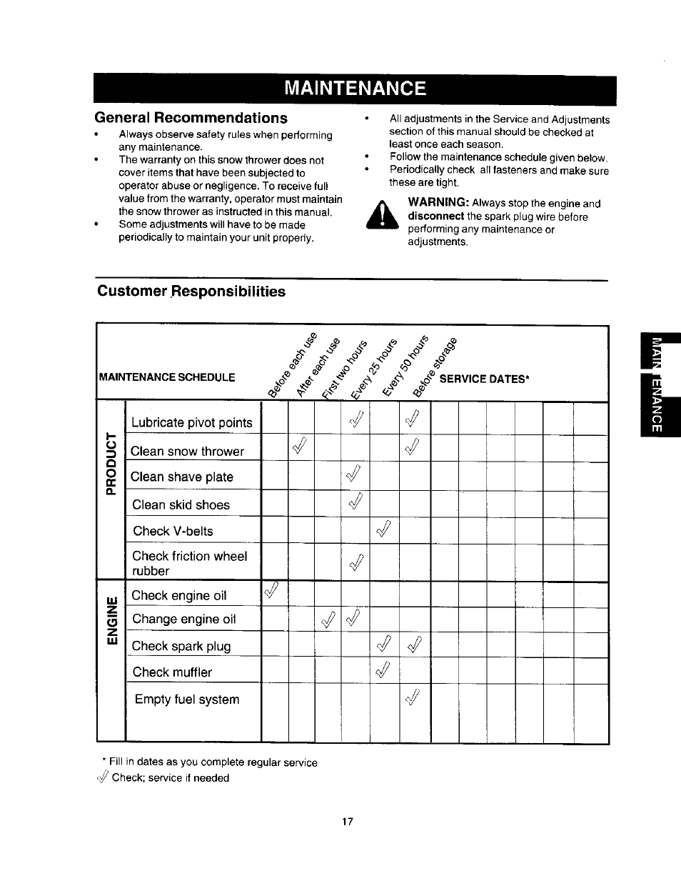 General recommendations, Customer responsibilities, Dr service dates | Maintenance | Craftsman 247.888510 User Manual | Page 17 / 40