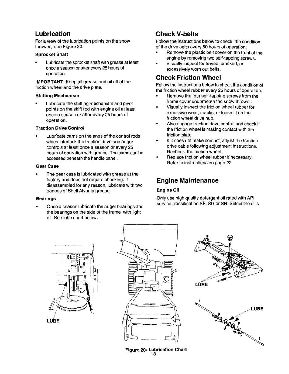 Lubrication, Traction drive control, Gear case | Check v-belts, Check friction wheel, Engine maintenance, Engine oil | Craftsman 247.888510 User Manual | Page 18 / 40