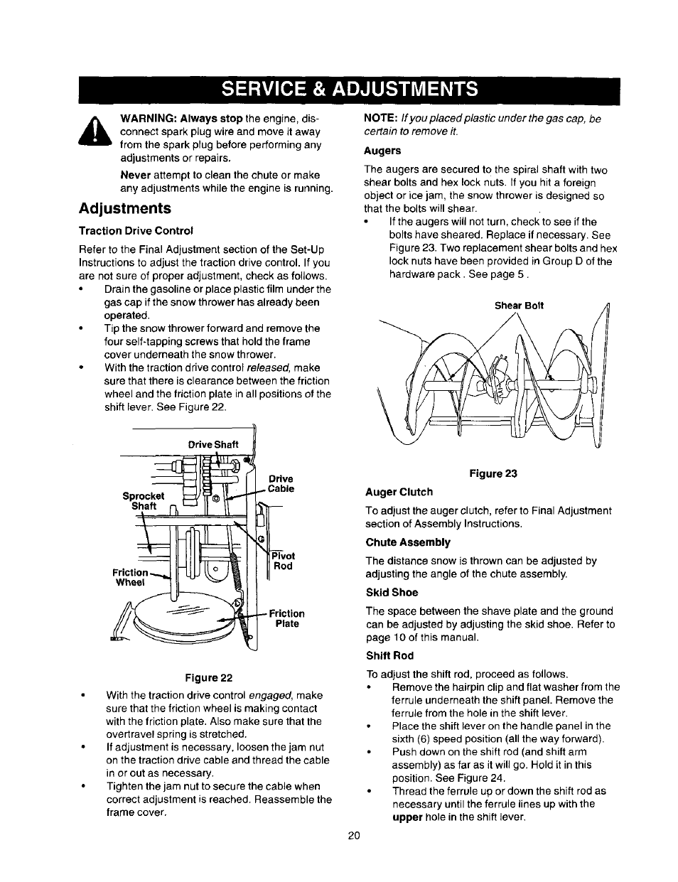 Adjustments, Traction drive control, Skid shoe | Shift rod, Service & adjustments | Craftsman 247.888510 User Manual | Page 20 / 40